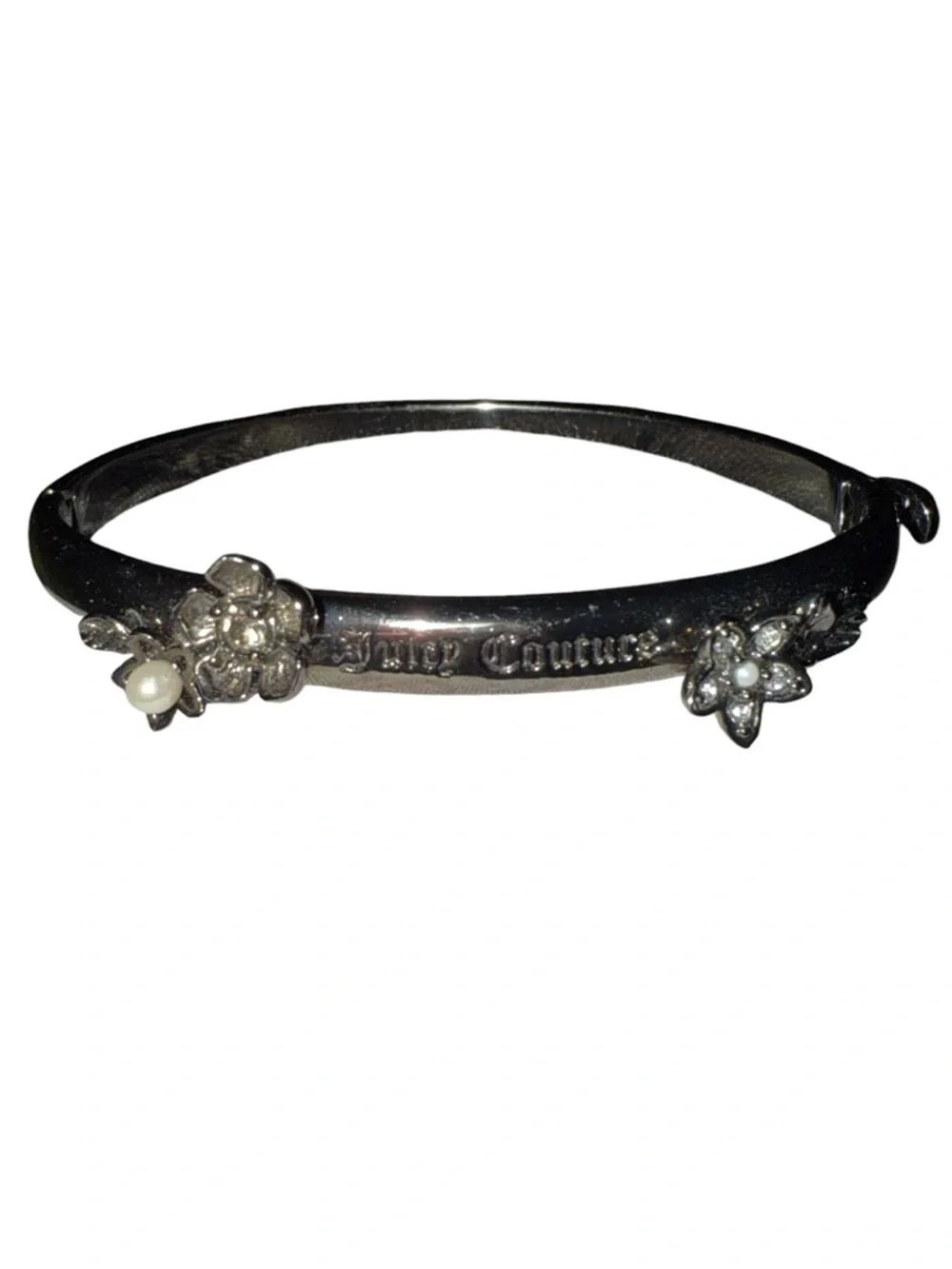 Juicy Couture Vintage Gunmetal Floral Crystal & pearl Hinged Bangle Bracelet - Picture 2 of 7